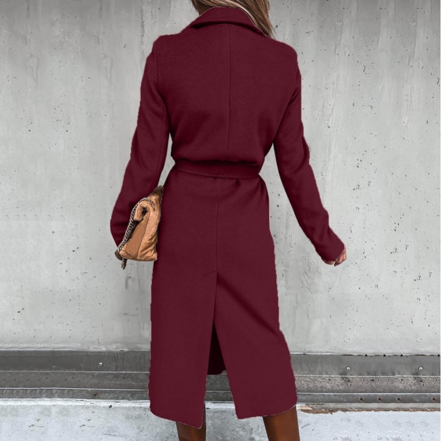 Burgundy Womens Belt Trench Coat With Pockets Size 42